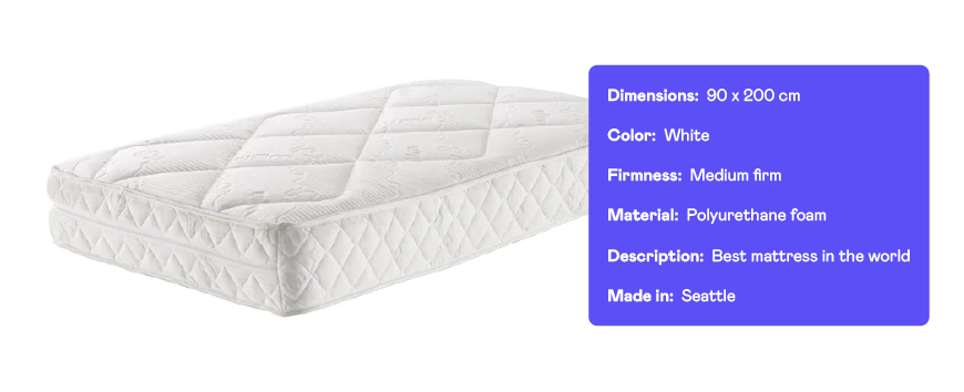 A photo of a mattress with a petal with illustrative textual properties – an example metadata.