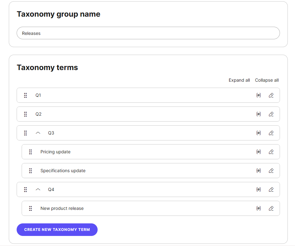 Taxonomy used for tagging content based on releases