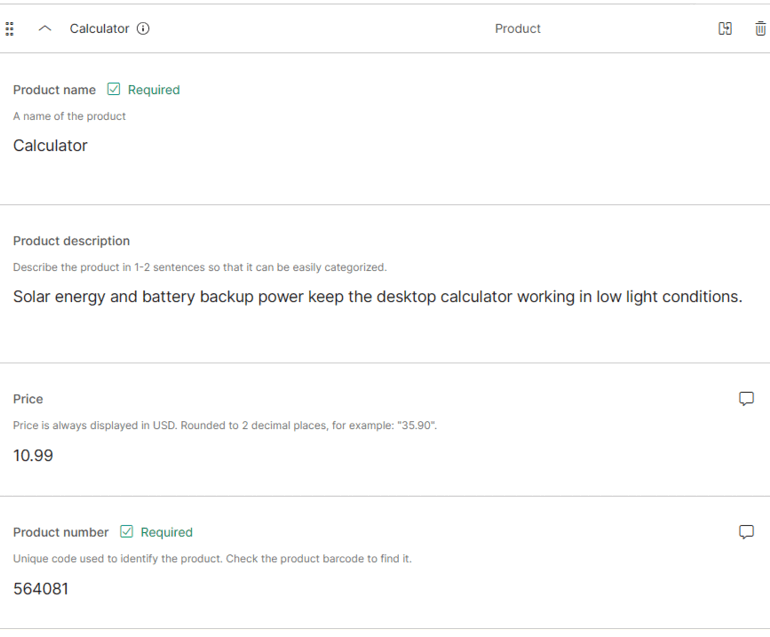 Product item shown as a table and a list.