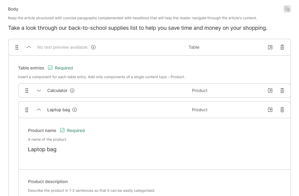 Rich text element containing a component of the "Table" type which then contains two components of the "Product" type.