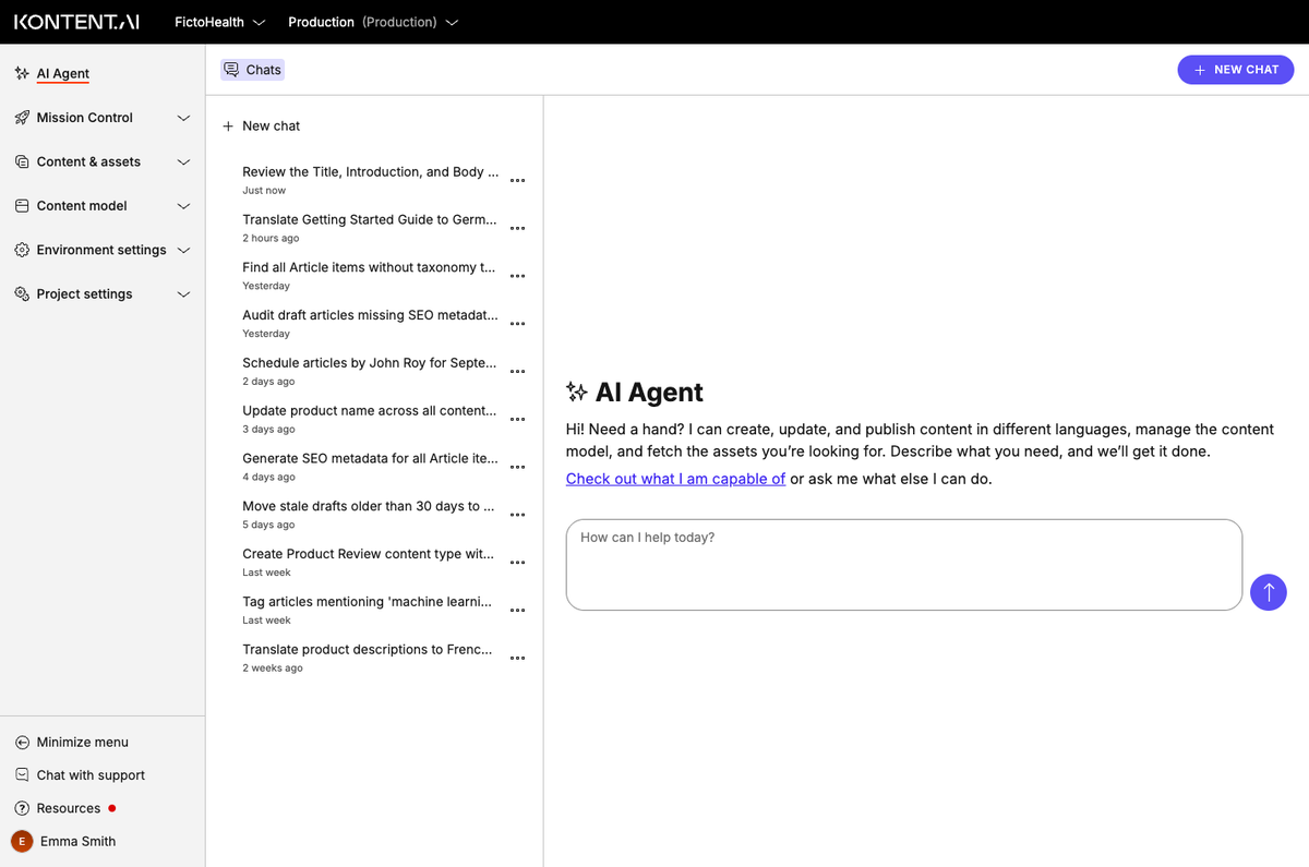 Chat history list in AI Agent, showing 11 conversations