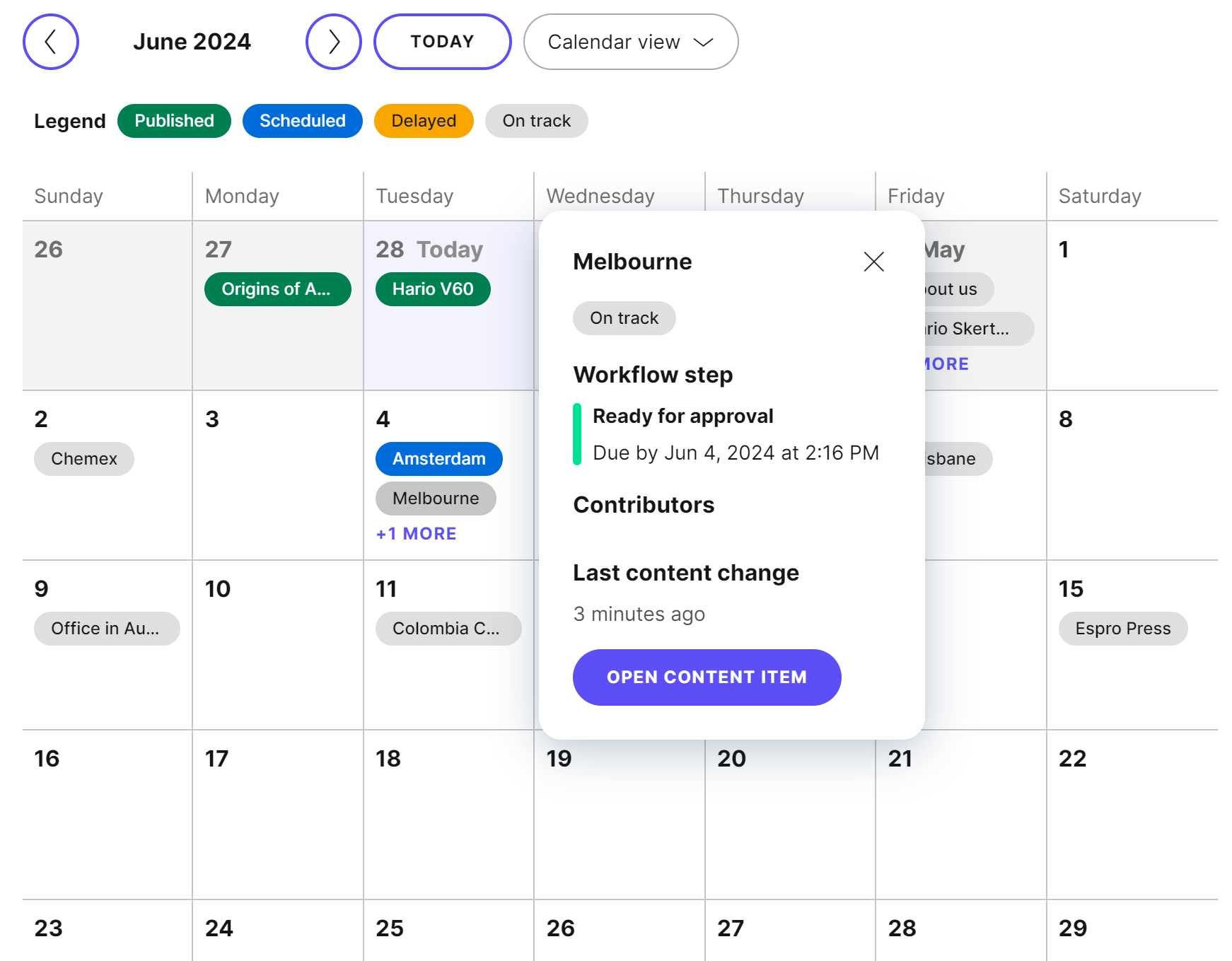 Viewing item details from the editorial calendar