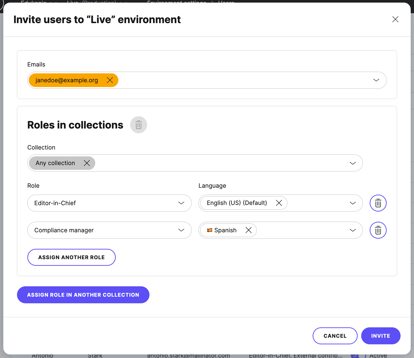 A dialog shown when inviting a user to your project.