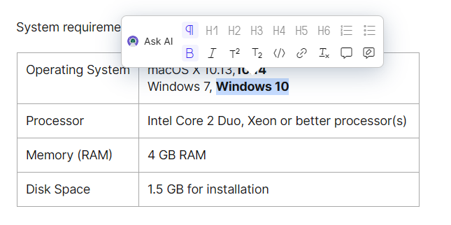 Table in the rich text editor. Some text is selected and the text formatting tooltip is visible.