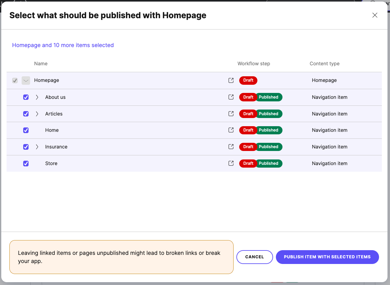Publish item with its linked content