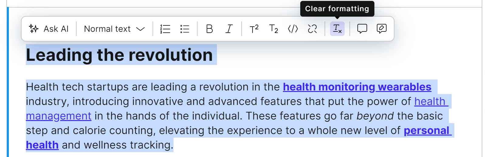 Removing text formatting in rich text editor