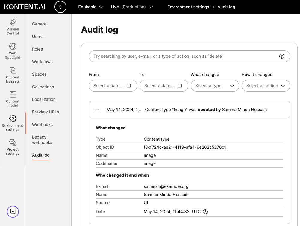 Displaying details of an event in Audit log.