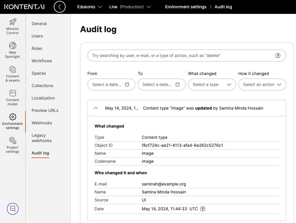 Audit log | Kontent.ai Learn