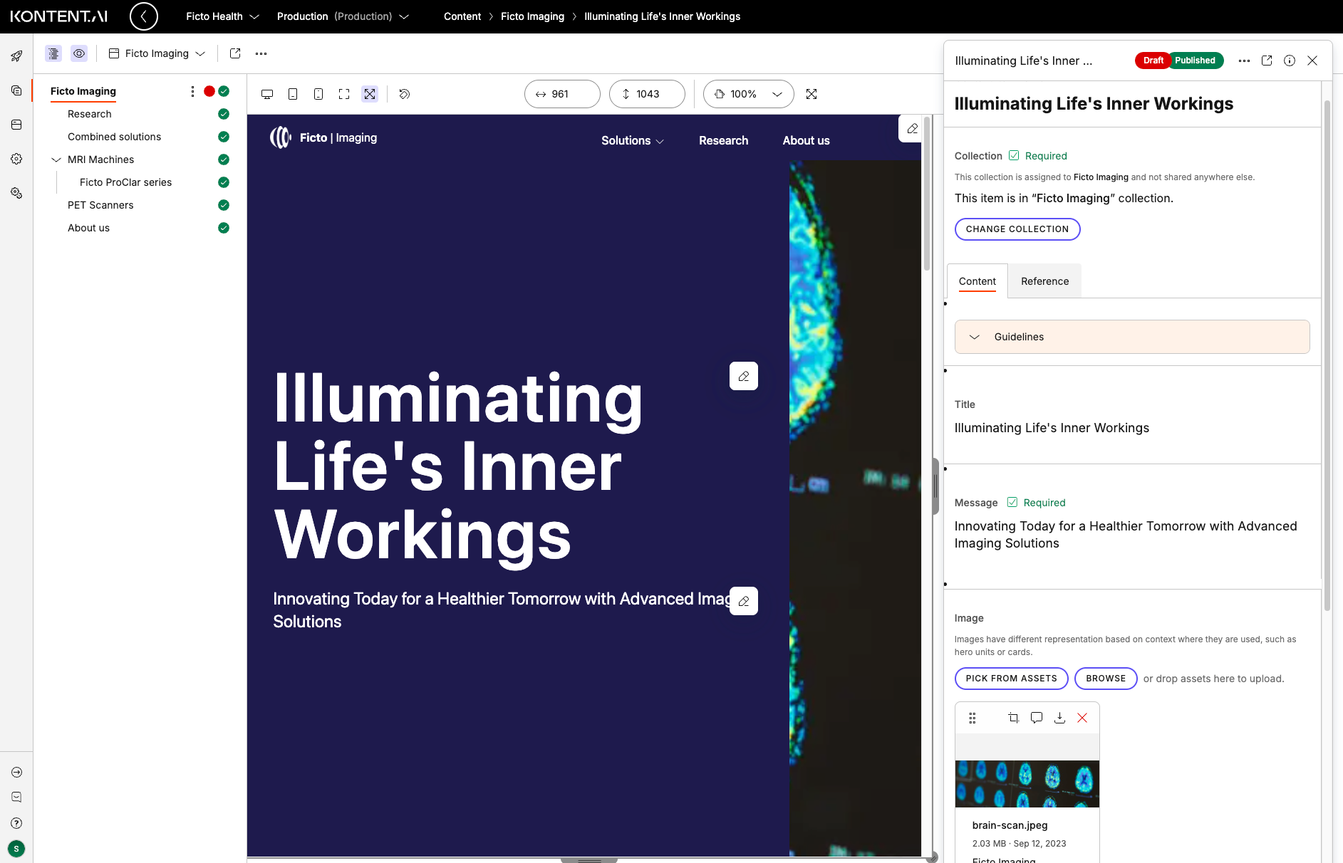 Live preview with navigation tree showing linked content in content item editing 