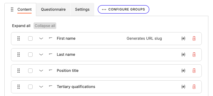Team member's content type with a content group about personal information.