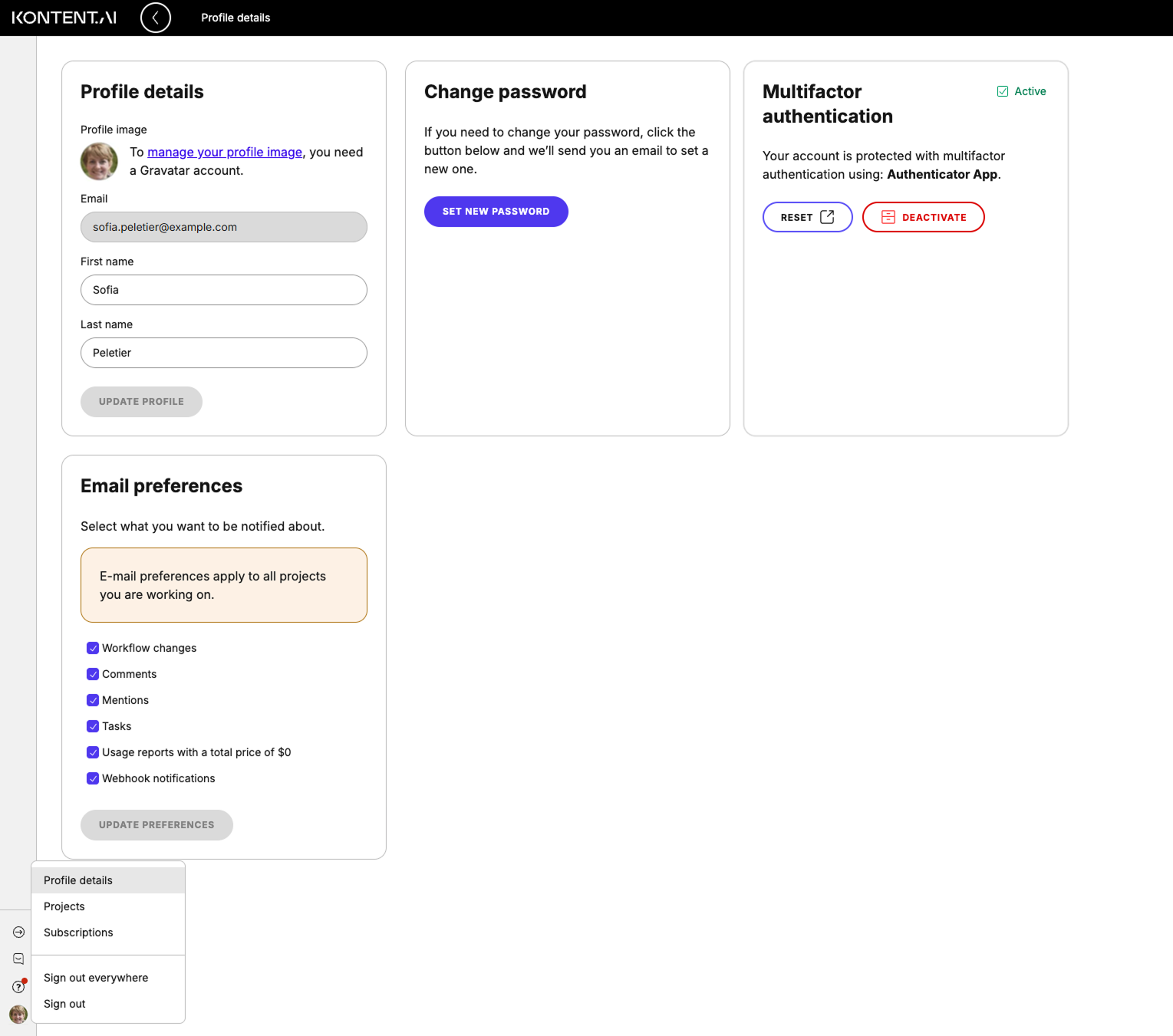 Account details, email notification settings, and multifactor authentication in Kontent.ai
