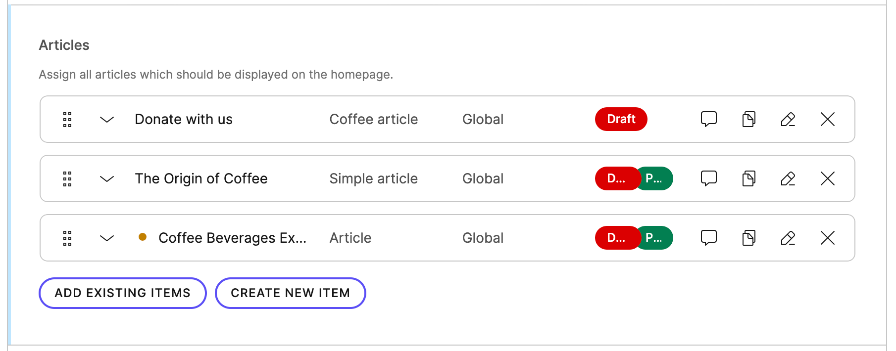 Shows three linked items with their workflows, where one of them is unfinished, marked by an orange dot.