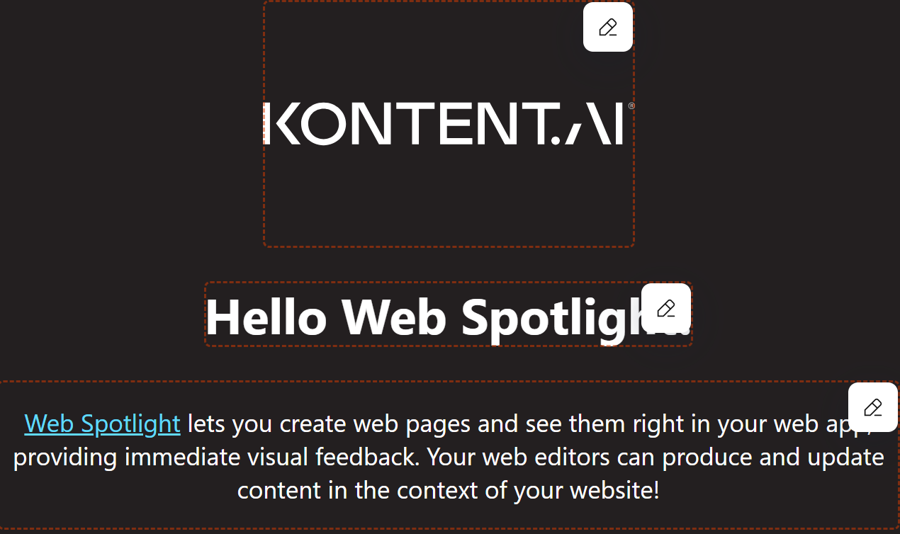 A landing page with editable links for each Kontent.ai element