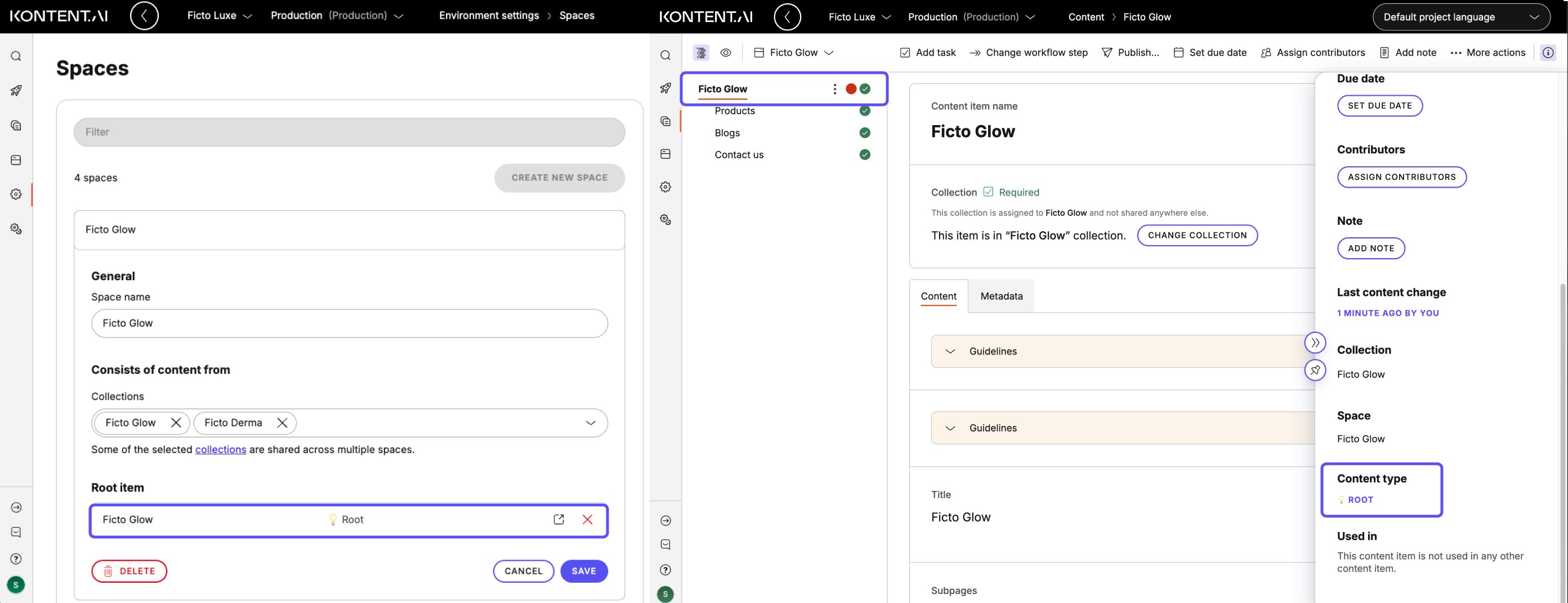 Side-by-side demonstration of a root item configured in a space and that this space’s root item is used to create a tree of web content.