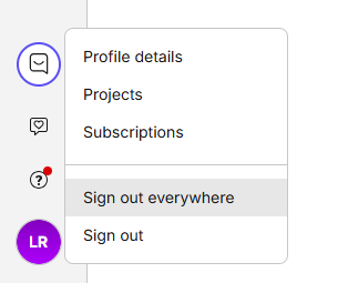 A menu displaying profile details, projects, subscriptions, and sign out options, which includes sign out everywhere and sign out.