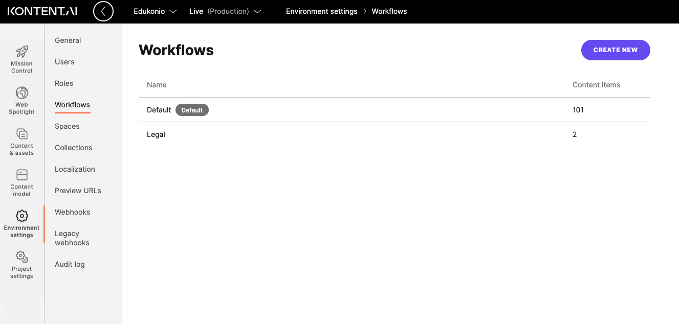 List of available workflows in Environment settings