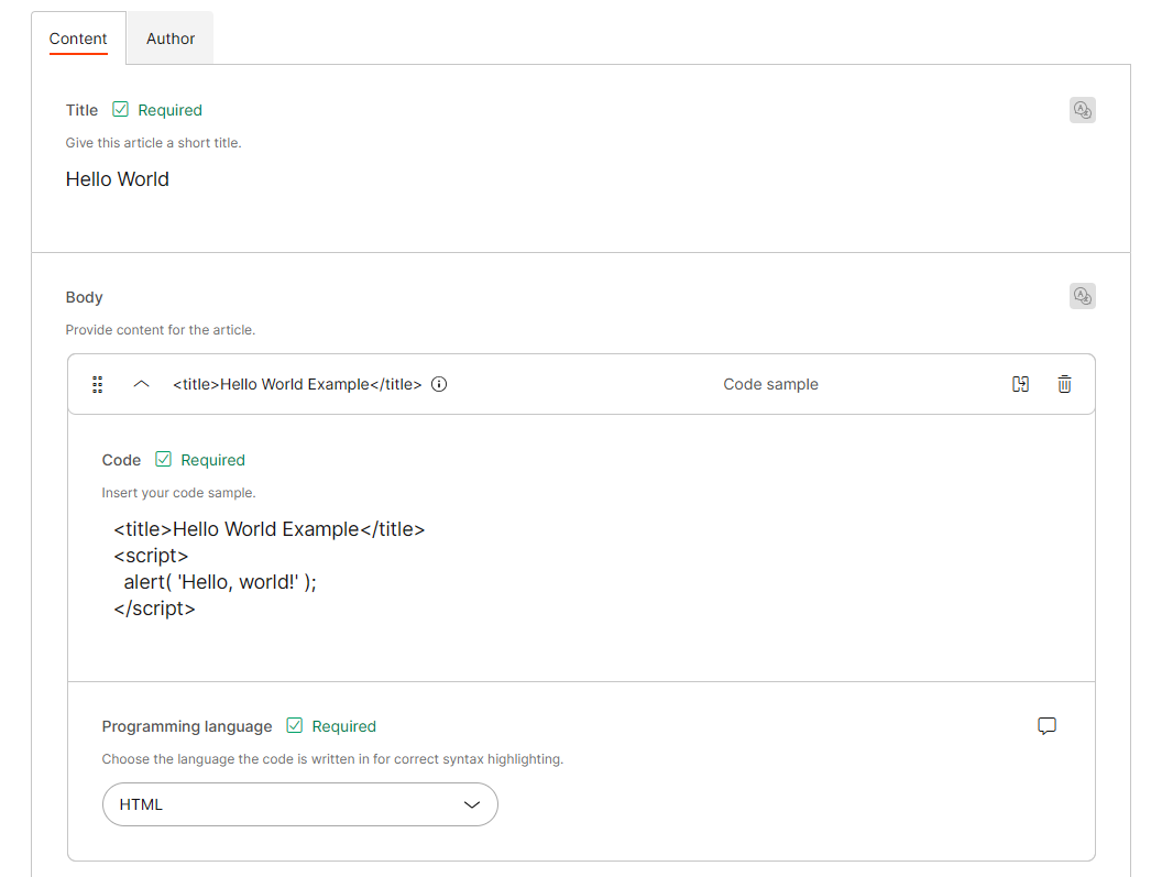 Code sample inserted as component in a content item.