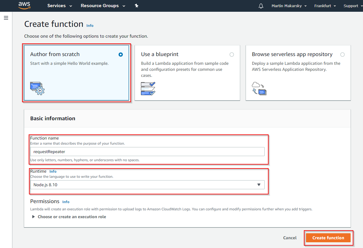Specifying function name and runtime.