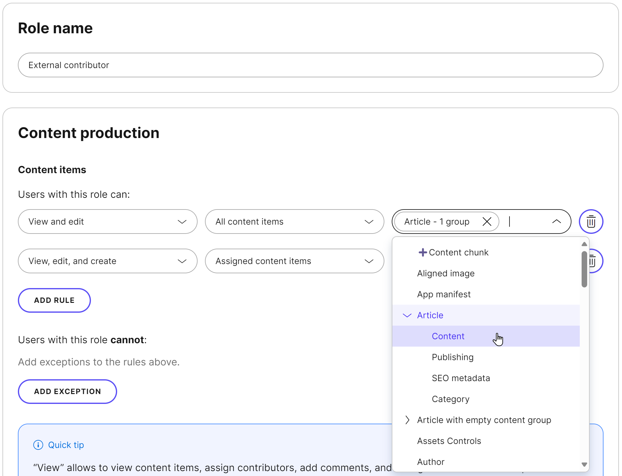 Configuring role permission per a content type's content group