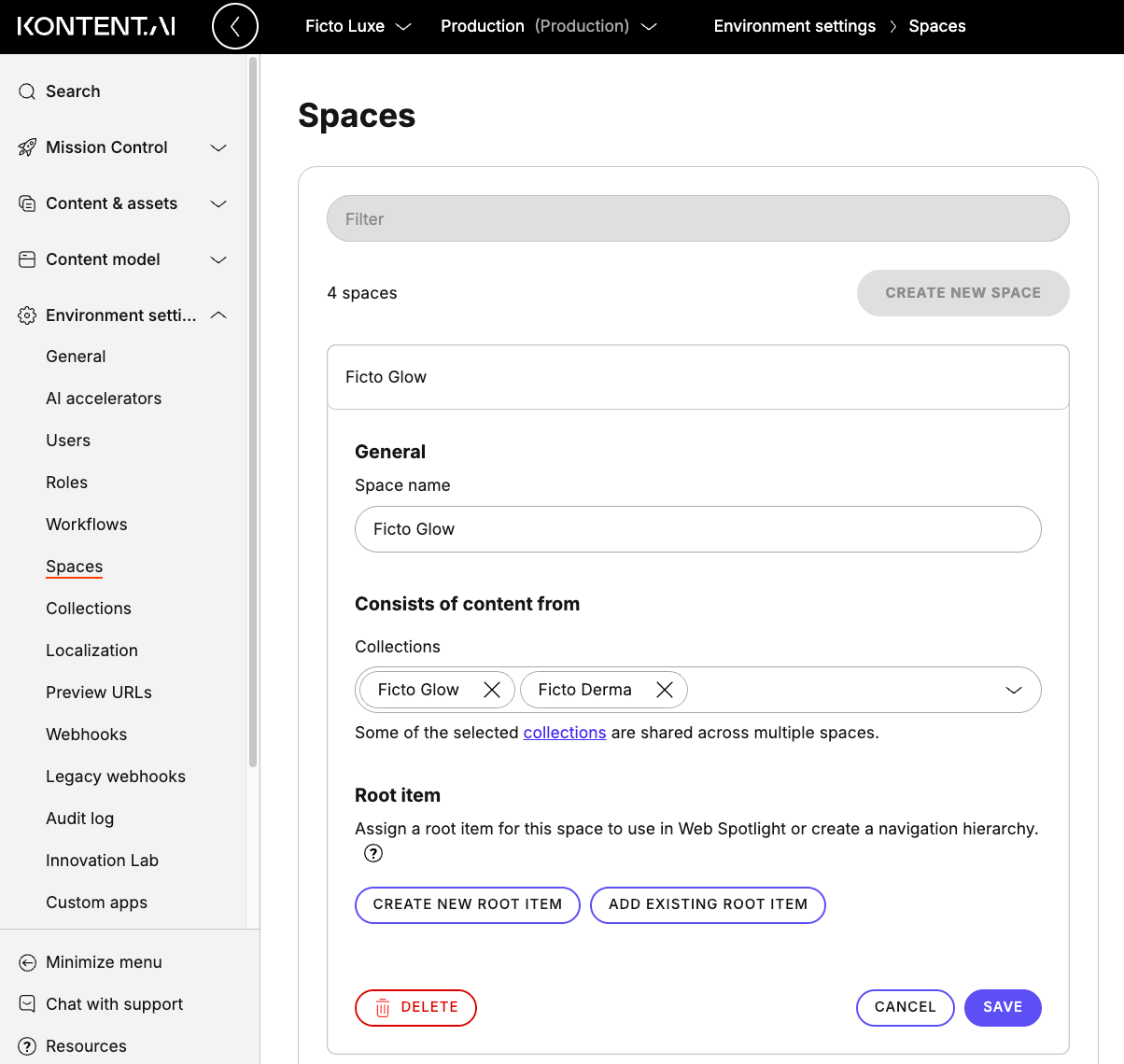 Ficto Glow's space configuration, with two collections assigned to it.