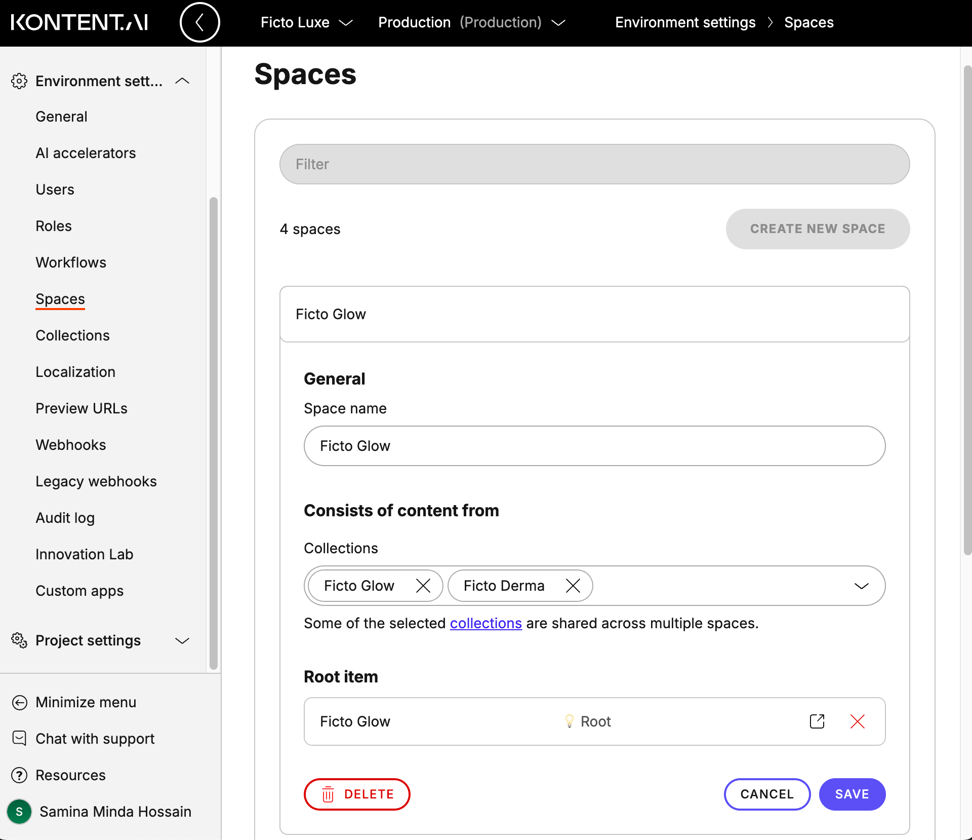 Ficto Glow space configuration with two collections and a root item assigned to it.