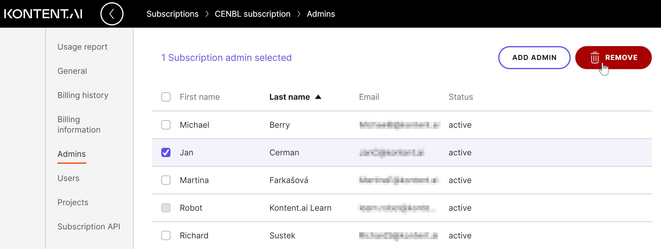 An admin is selected for removing them from the subscription