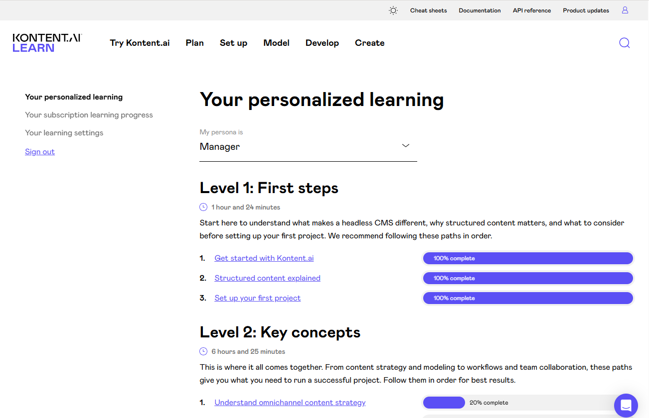 Your personalized learning page in the Kontent.ai Learn portal