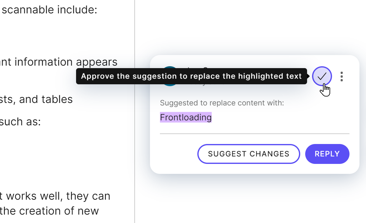 Approving a suggestion in the rich text editor