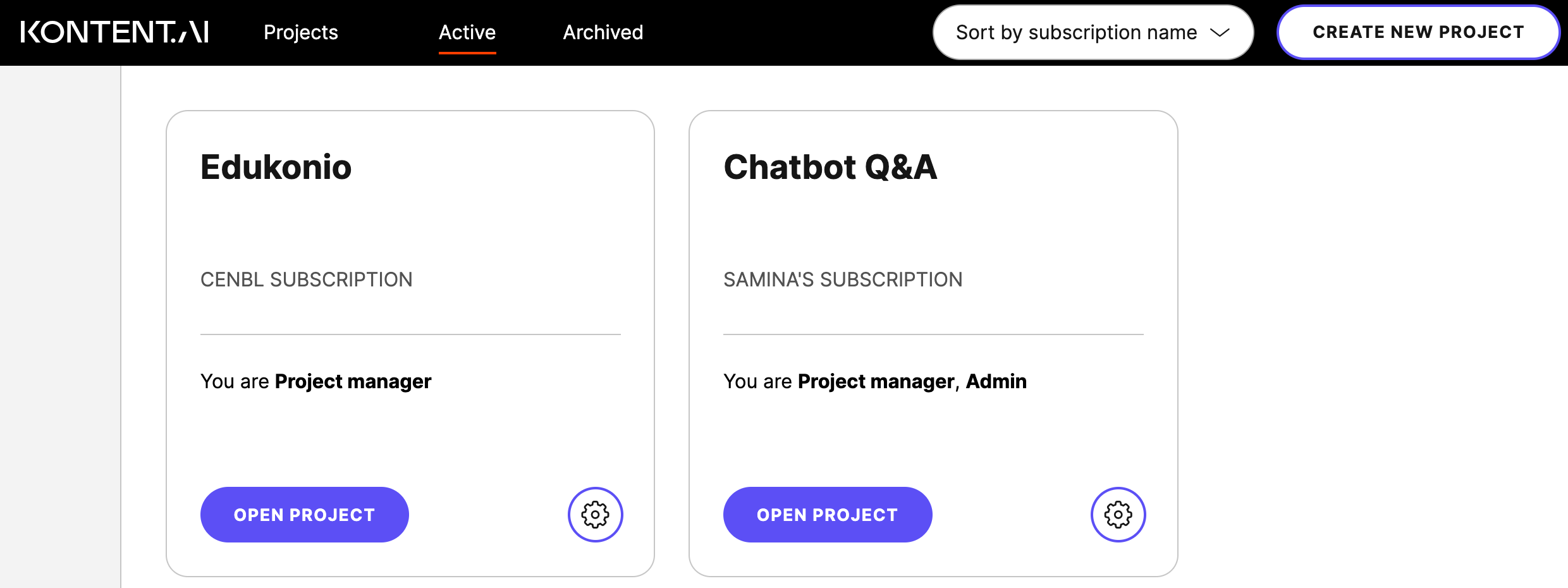 Viewing a list of projects sorted by subscription name in Kontent.ai