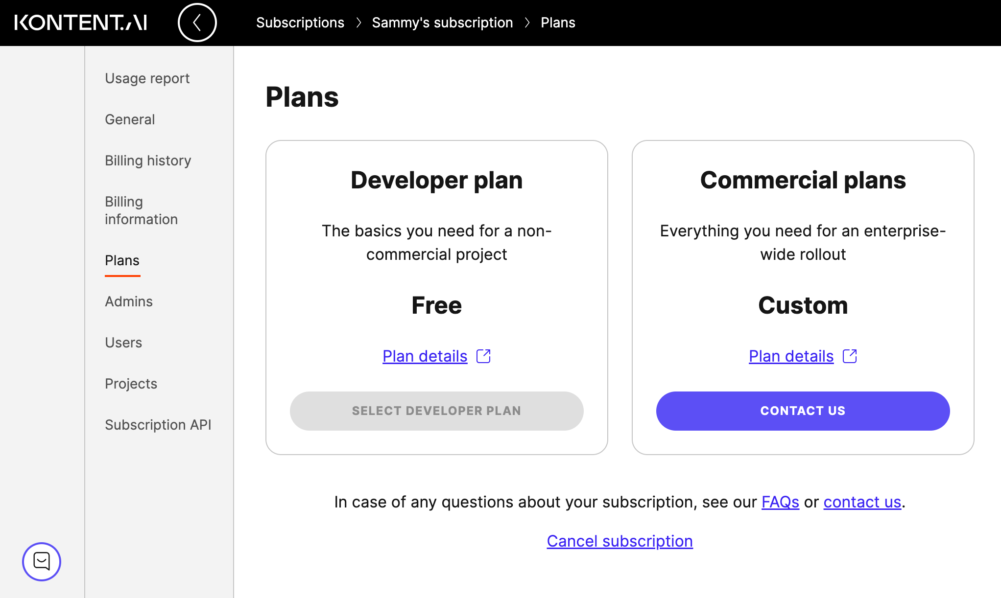 Overview of subscription plans in the Kontent.ai app.