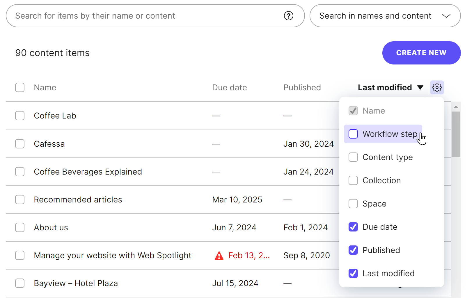 A content list with the column visibility menu opened.