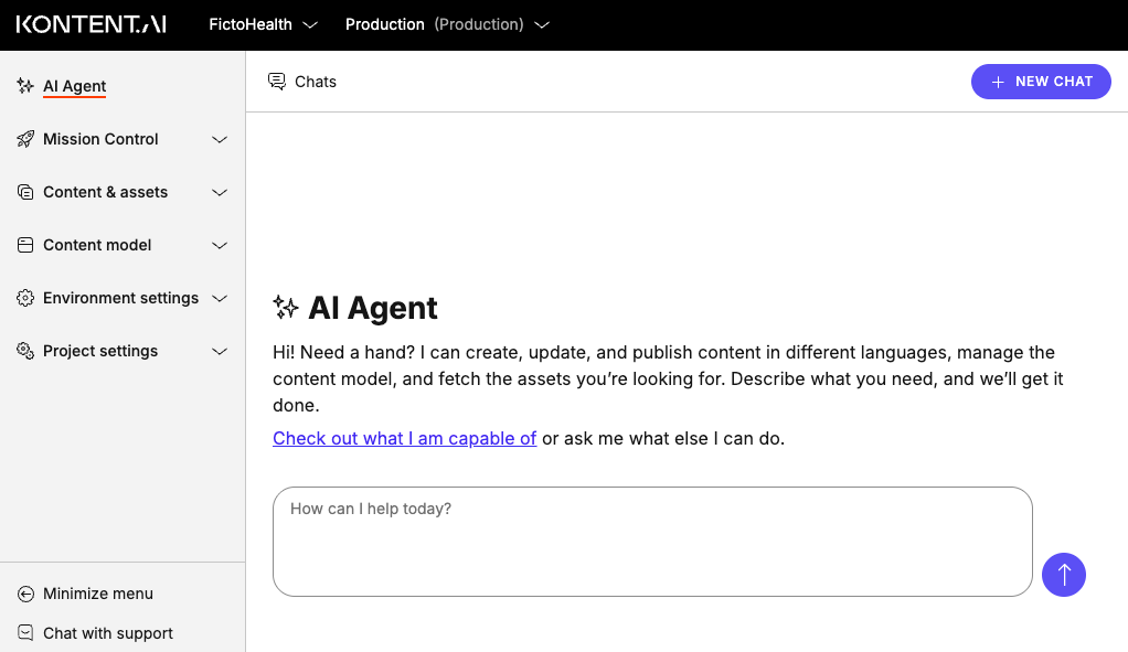 AI Agent chat interface with chat list, message dialog to send requests, and the ability to create a new chat