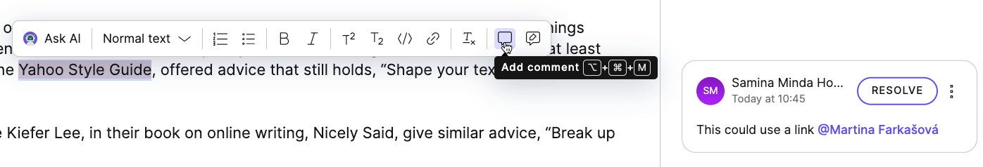 Adding comment in the rich text editor