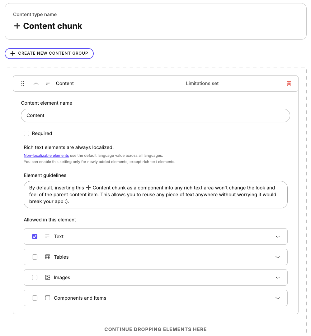 An example configuration of the content type representing a content chunk.