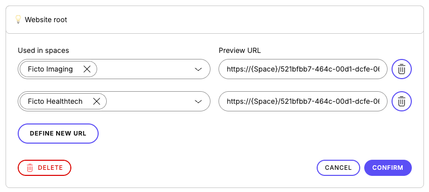 Preview URL patterns are defined for the Web Spotlight root content type in two spaces, with an additional rule for the remaining two spaces that serve as a workaround for Web Spotlight.