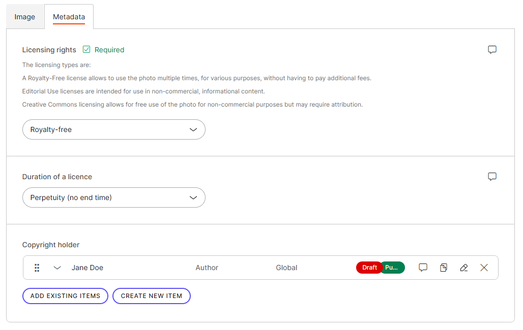 An image component with metadata elements specifying the licensing rights