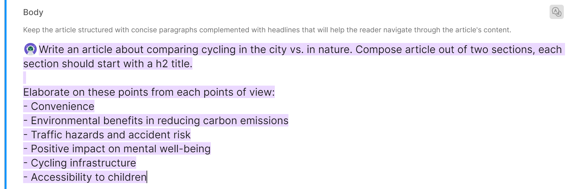 Instructions and outline for AI assistant in Kontent.ai’s rich text editor