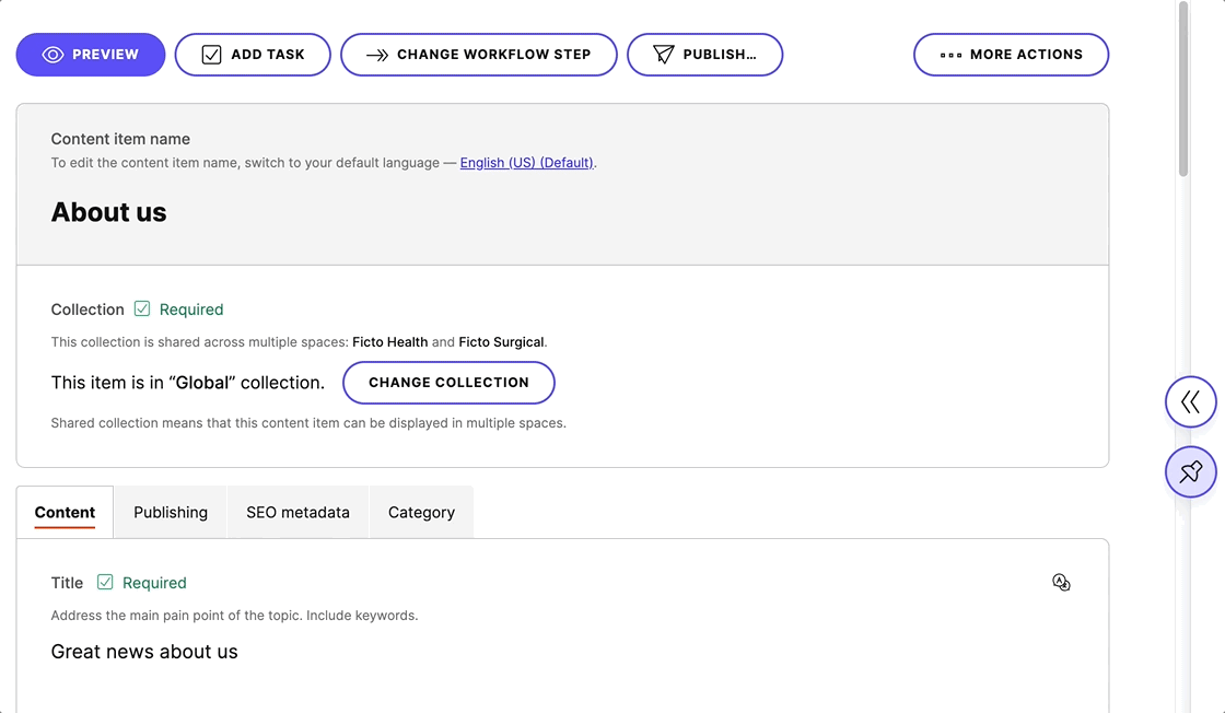 Creating, assigning a due date, and resolving a task in a content item.