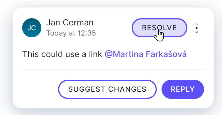 Resolving a comment in the rich text editor