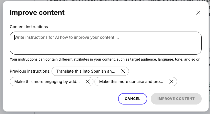 Ask AI's improve content to provide insturctions with a list of recently used instructions.