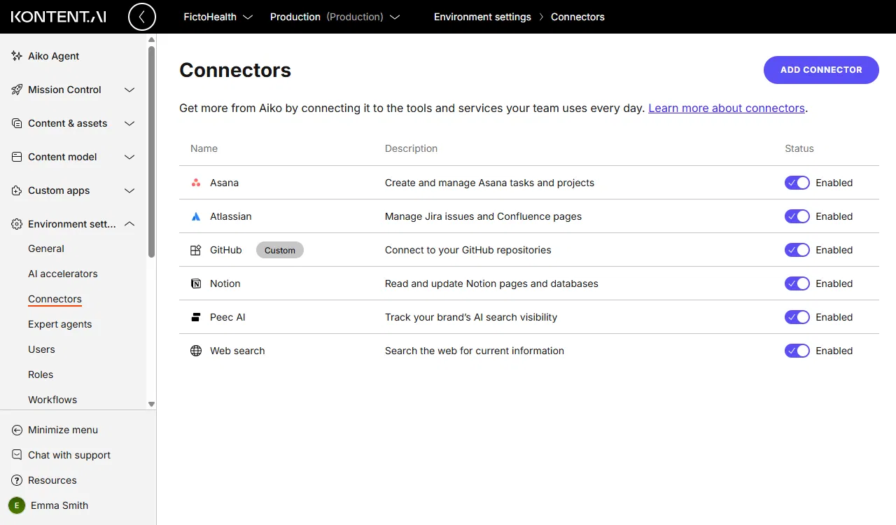 The Connectors section in Environment settings listing available connectors.