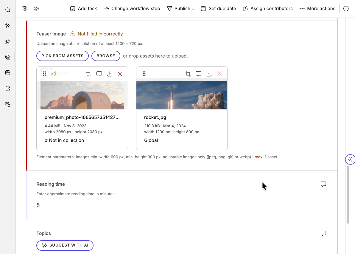 Content details sidebar shows an indication which element is left incomplete