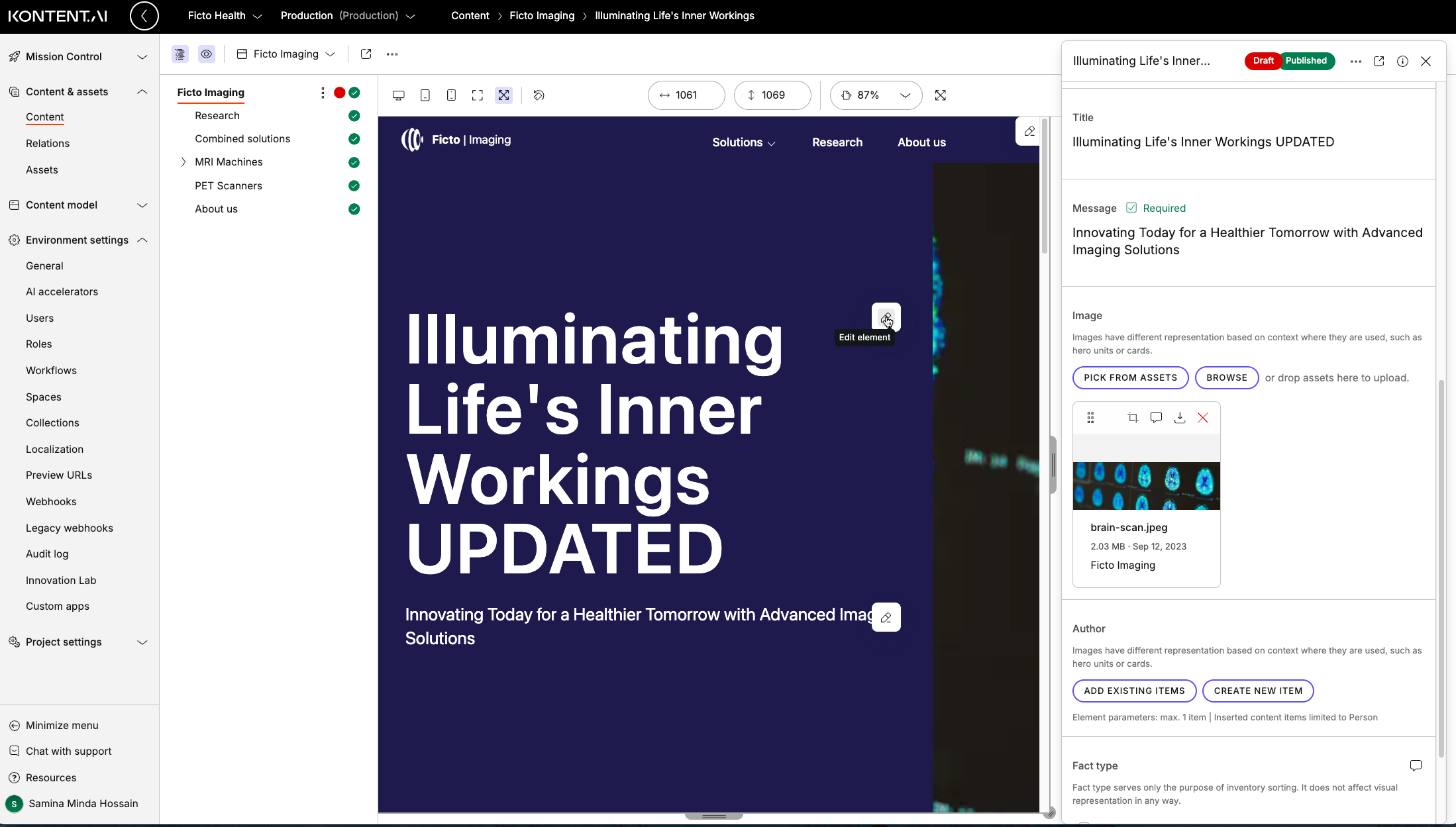 Updating a content item in live preview