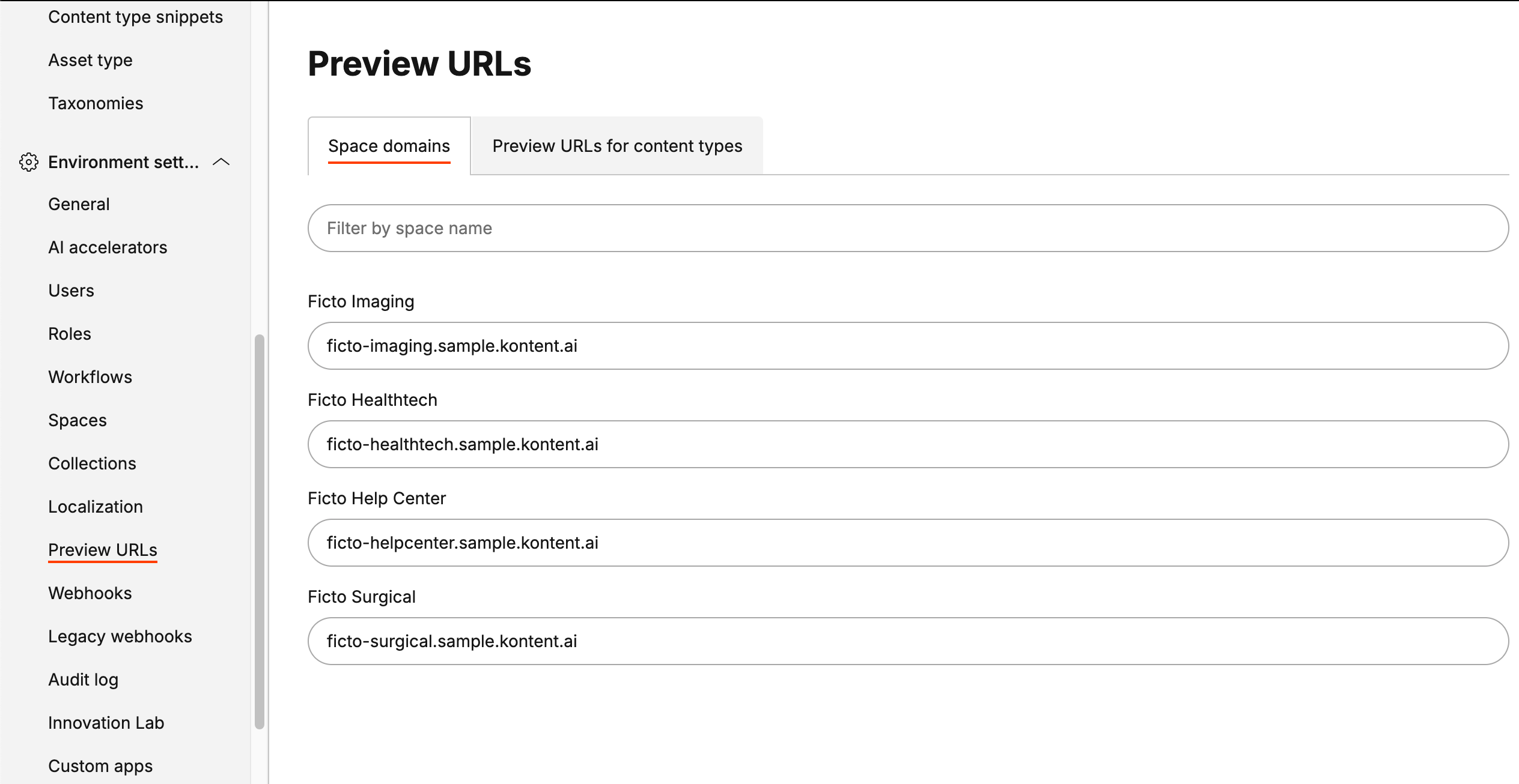 Sample space domain URLs for each space in the Environment settigns > Preview URLs.