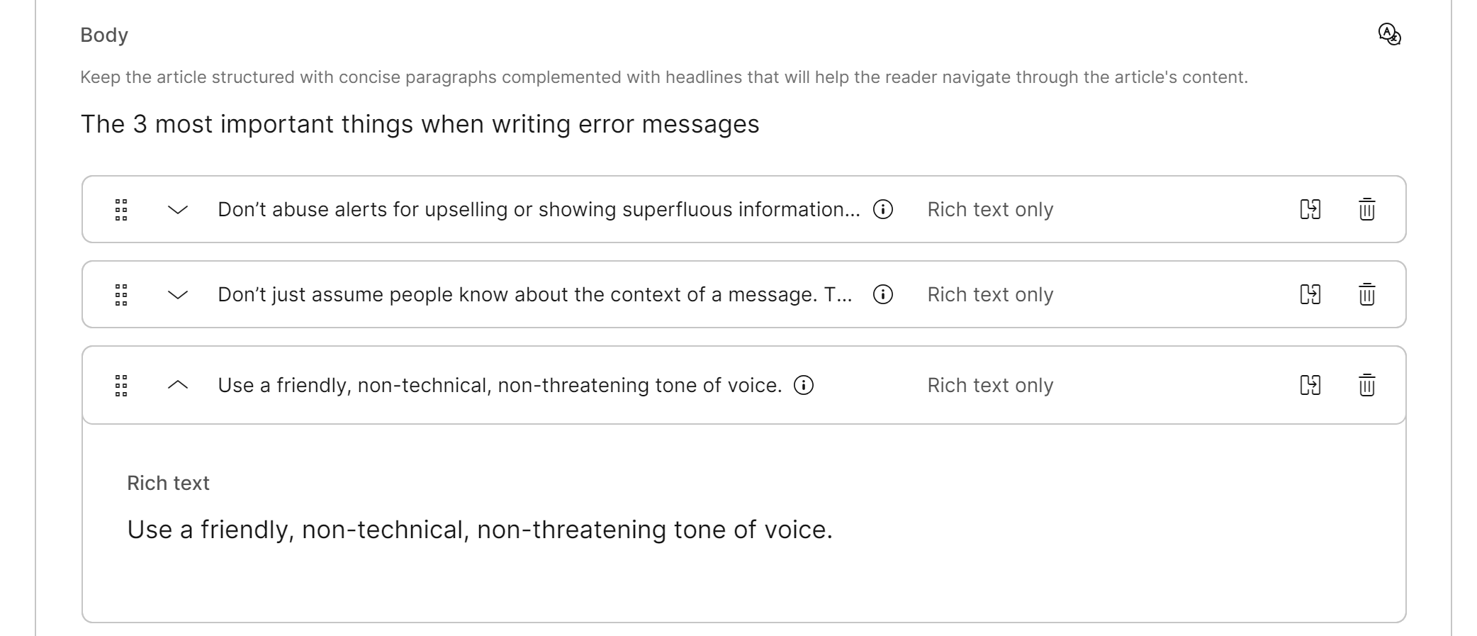 Collapsed components used in a rich text element.