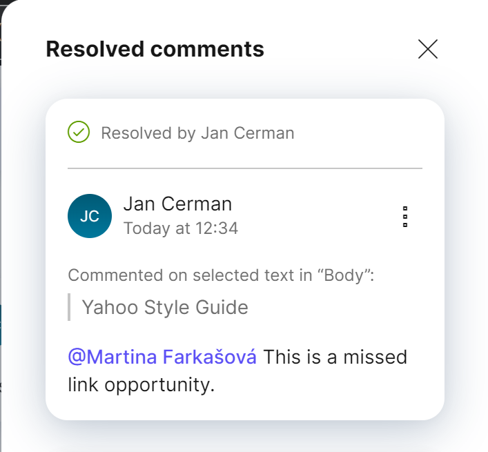 Resolved comments and suggestions in a content item