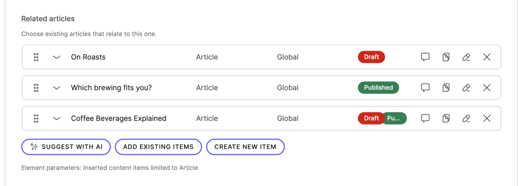 Related articles element used in a content item.