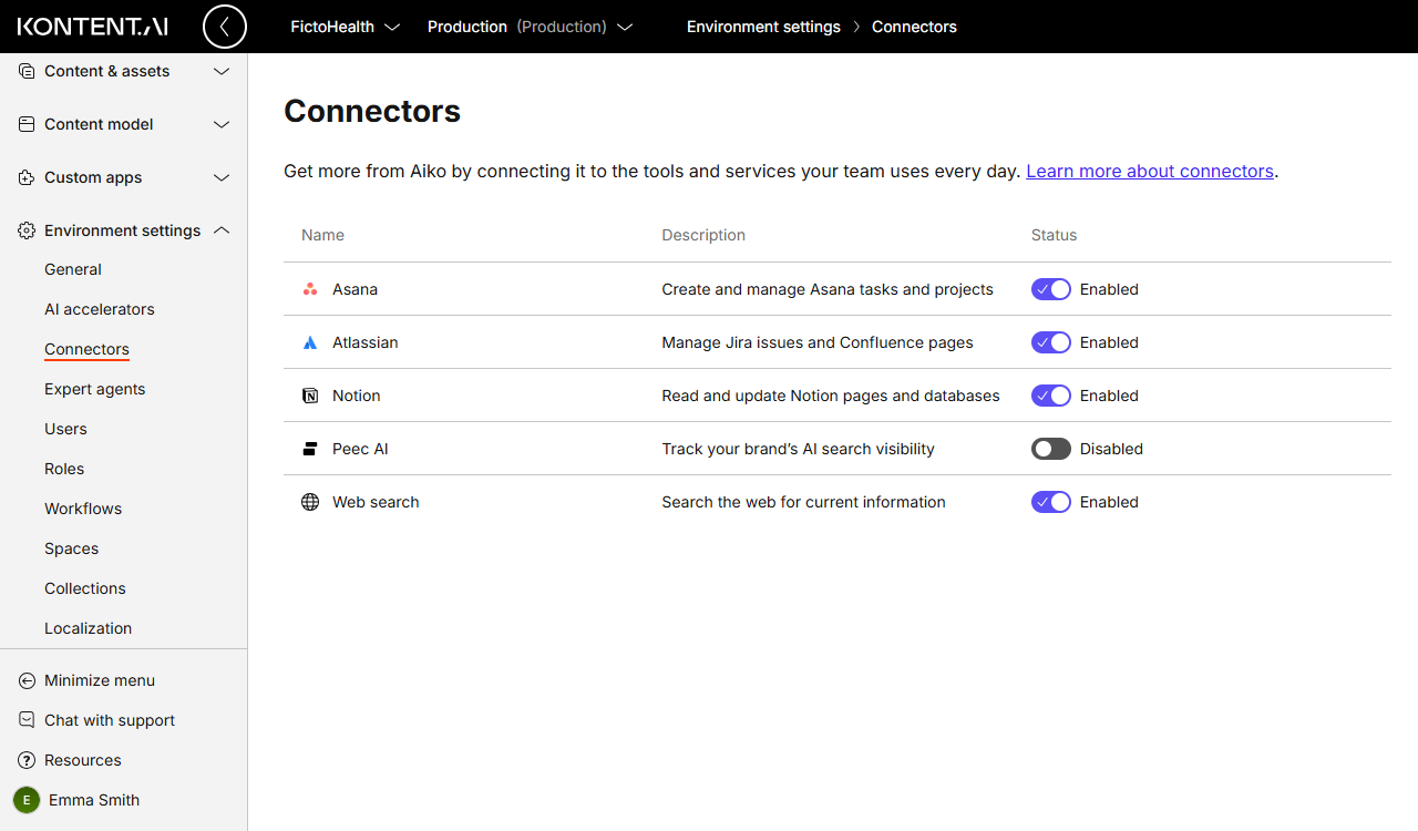The Connectors section in Environment settings showing Asana, Atlassian, Notion, Peec AI, and Web search connectors.