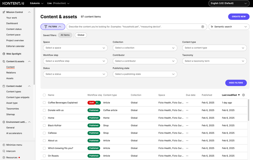 Side navigation expanded showing main sections and sub-sections. Also shows expanded filter options in Content & assets.