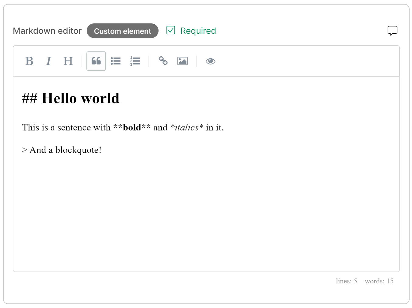 Markdown editor custom element in content item